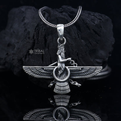 925 sterling silver Faravahar Ahura Mazda pendant necklace, handmade ancient Persia mythology jewelry for men.