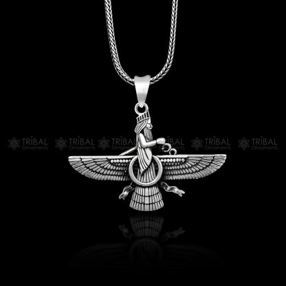 Sterling silver Faravahar Ahura Mazda pendant necklace, handcrafted ancient Persia jewelry for men, mythological design, tribal style