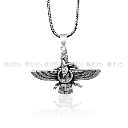 Sterling silver Faravahar Ahura Mazda pendant necklace, handmade Ancient Persia jewelry for men, featuring mythological symbolism.