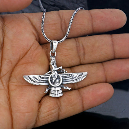 925 sterling silver Faravahar Ahura Mazda pendant necklace, handmade Ancient Persia mythology jewelry for men.