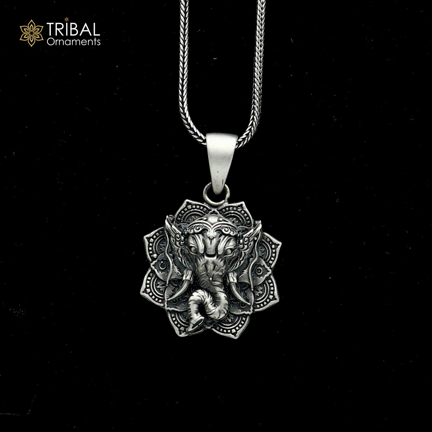 925 sterling silver floral design lord Ganesha Pendant with chain tribal jewellery nsp1051 - TRIBAL ORNAMENTS