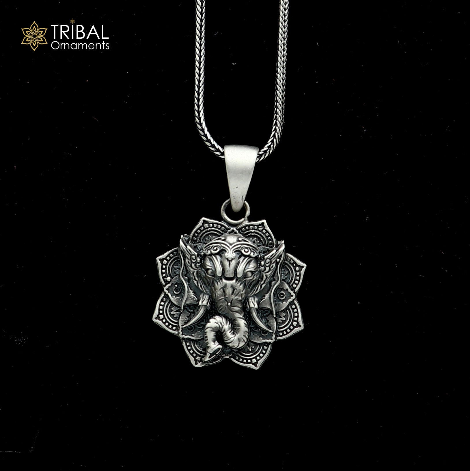 925 sterling silver floral design lord Ganesha Pendant with chain tribal jewellery nsp1051 - TRIBAL ORNAMENTS