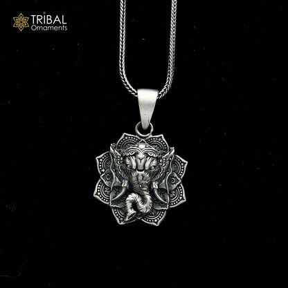 925 sterling silver floral Lord Ganesha pendant with chain, tribal jewellery design, intricate floral detailing, tribal ornaments.