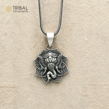 925 sterling silver Lord Ganesha pendant with floral design and chain, tribal jewellery by TRIBAL ORNAMENTS.