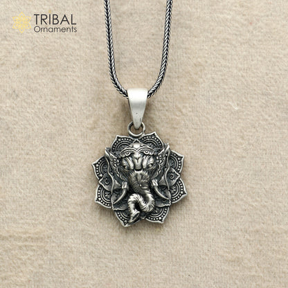 Sterling silver Lord Ganesha pendant with floral design and chain, tribal jewelry by TRIBAL ORNAMENTS.