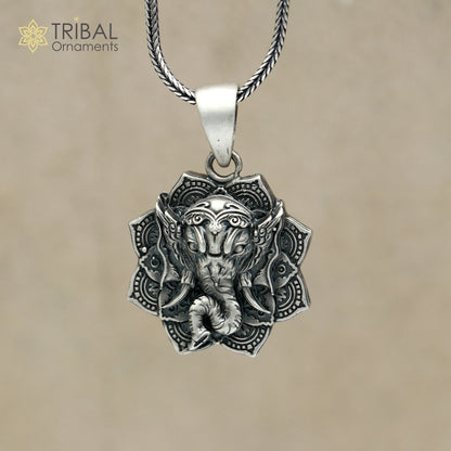 Sterling silver Lord Ganesha pendant with floral design and chain, tribal jewelry by TRIBAL ORNAMENTS.