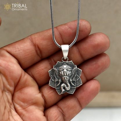 Sterling silver Lord Ganesha pendant with floral design and chain, tribal jewelry by TRIBAL ORNAMENTS.