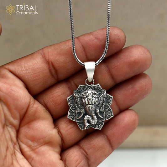 925 sterling silver floral design lord Ganesha Pendant with chain tribal jewellery nsp1051 - TRIBAL ORNAMENTS