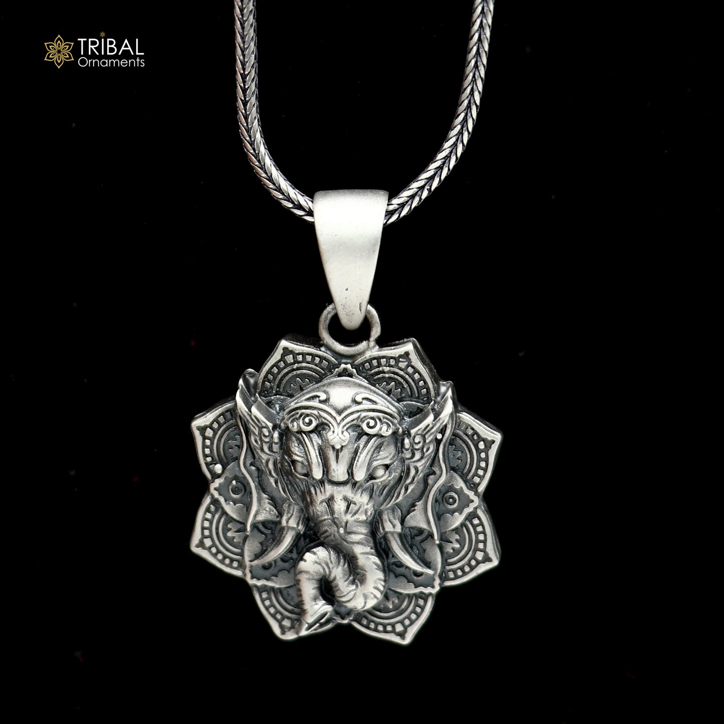 925 sterling silver floral design lord Ganesha Pendant with chain tribal jewellery nsp1051 - TRIBAL ORNAMENTS
