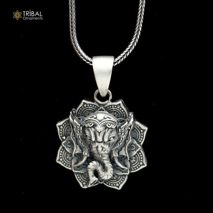 925 sterling silver Lord Ganesha pendant with floral design and chain, tribal jewellery by TRIBAL ORNAMENTS.