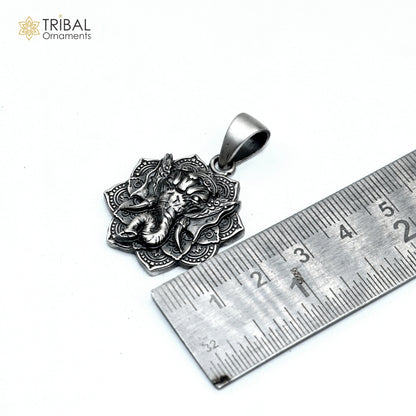 Sterling silver Lord Ganesha pendant with floral design and chain, tribal jewelry by TRIBAL ORNAMENTS.