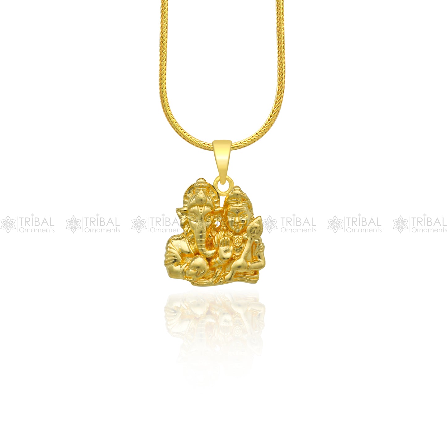 925 sterling silver gold-polished Lord Ganesha and Kartikeya divine pendant from TRIBAL ORNAMENTS, featuring intricate religious design.