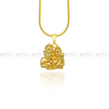 925 sterling silver gold-polished Lord Ganesha and Kartikeya divine pendant from TRIBAL ORNAMENTS, featuring intricate religious design.