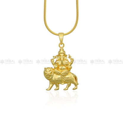 Sterling silver gold-polished Lord Ganesha pendant from TRIBAL ORNAMENTS showcasing divine design and intricate craftsmanship.