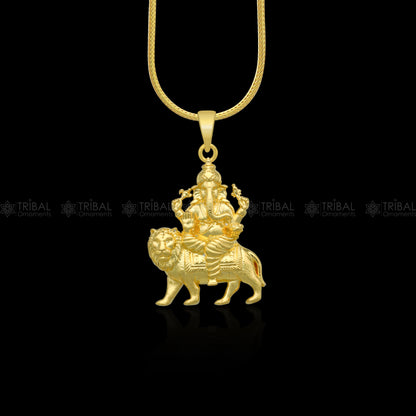 925 sterling silver gold polished Lord Ganesha pendant with intricate divine design, crafted by TRIBAL ORNAMENTS.