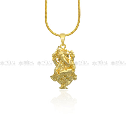 925 sterling silver gold polished Lord Ganesha pendant, divine Hindu jewelry from TRIBAL ORNAMENTS with intricate design.
