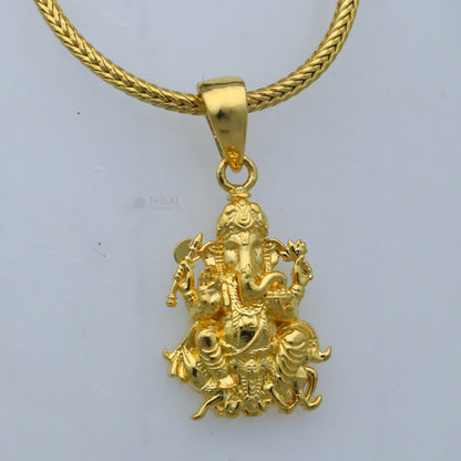 925 sterling silver gold-polished Lord Ganesha pendant, divine Hindu jewelry piece by TRIBAL ORNAMENTS, featuring intricate design.