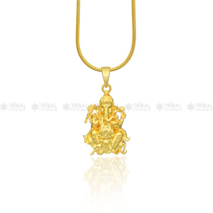 Sterling silver gold-polished Lord Ganesha pendant, divine tribal ornament design, crafted by TRIBAL ORNAMENTS.