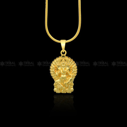 925 sterling silver gold-polished Lord Ganesha pendant, divine Hindu deity jewelry, detailed tribal ornament design