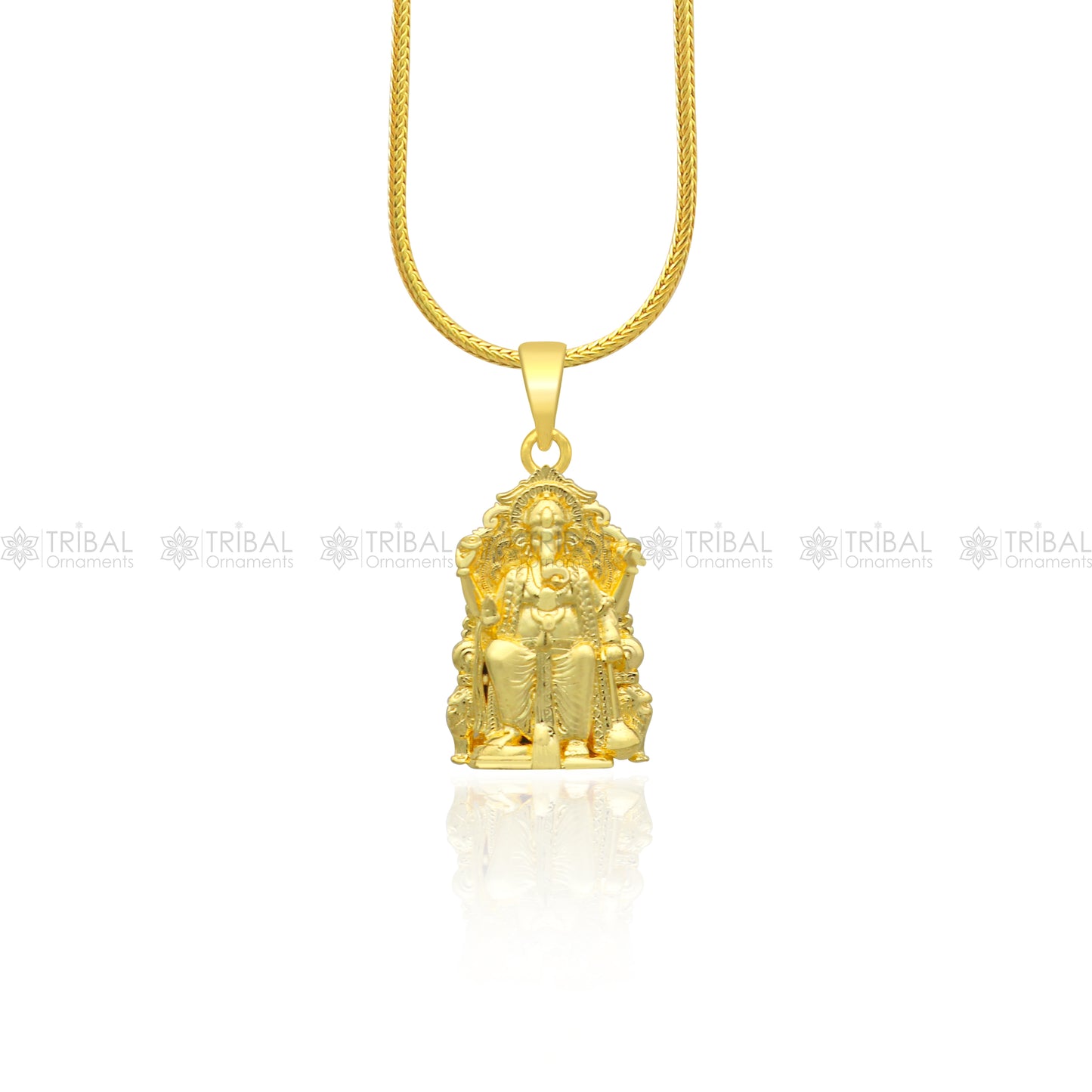 925 sterling silver gold-polished Lord Ganesha pendant from TRIBAL ORNAMENTS, featuring intricate divine design and craftsmanship.