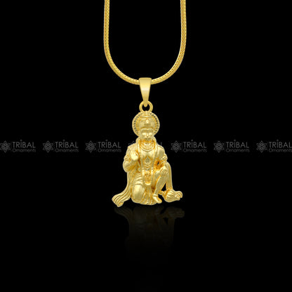 Sterling silver gold-polished Lord Hanuman pendant, divine tribal ornament, detailed religious pendant design.