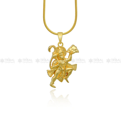 925 sterling silver and gold polished Lord Hanuman flying divine pendant, detailed tribal ornaments design.