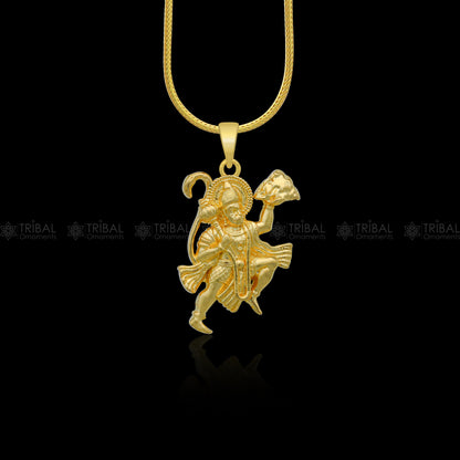 925 sterling silver and gold polished Lord Hanuman flying divine pendant by TRIBAL ORNAMENTS, showcasing intricate design and craftsmanship.