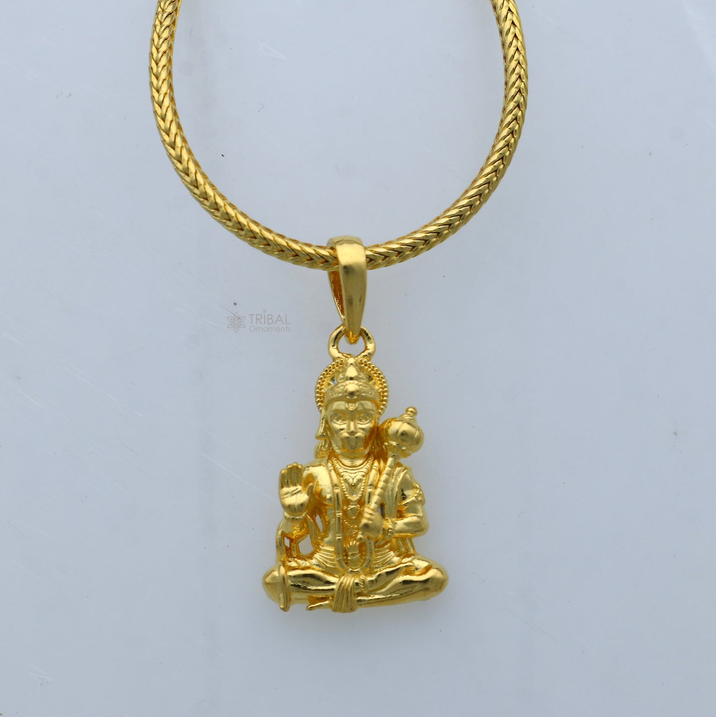 925 sterling silver gold-polished Lord Hanuman ji pendant from TRIBAL ORNAMENTS, featuring detailed divine deity design.