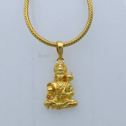 925 sterling silver gold-polished Lord Hanuman ji pendant, divine design, intricate tribal ornaments, detailed religious jewelry.