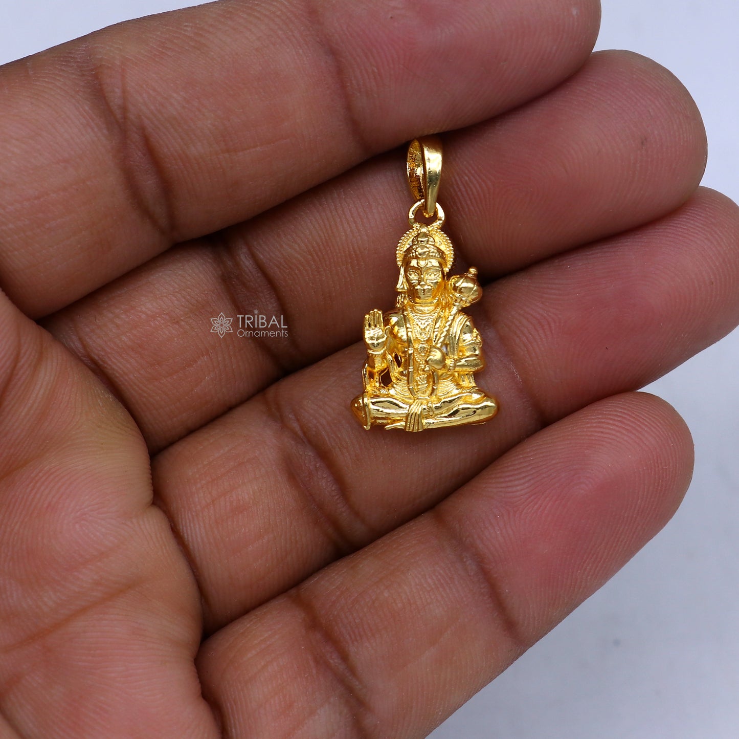 925 sterling silver gold-polished Lord Hanumanji pendant showcasing intricate divine design and craftsmanship.