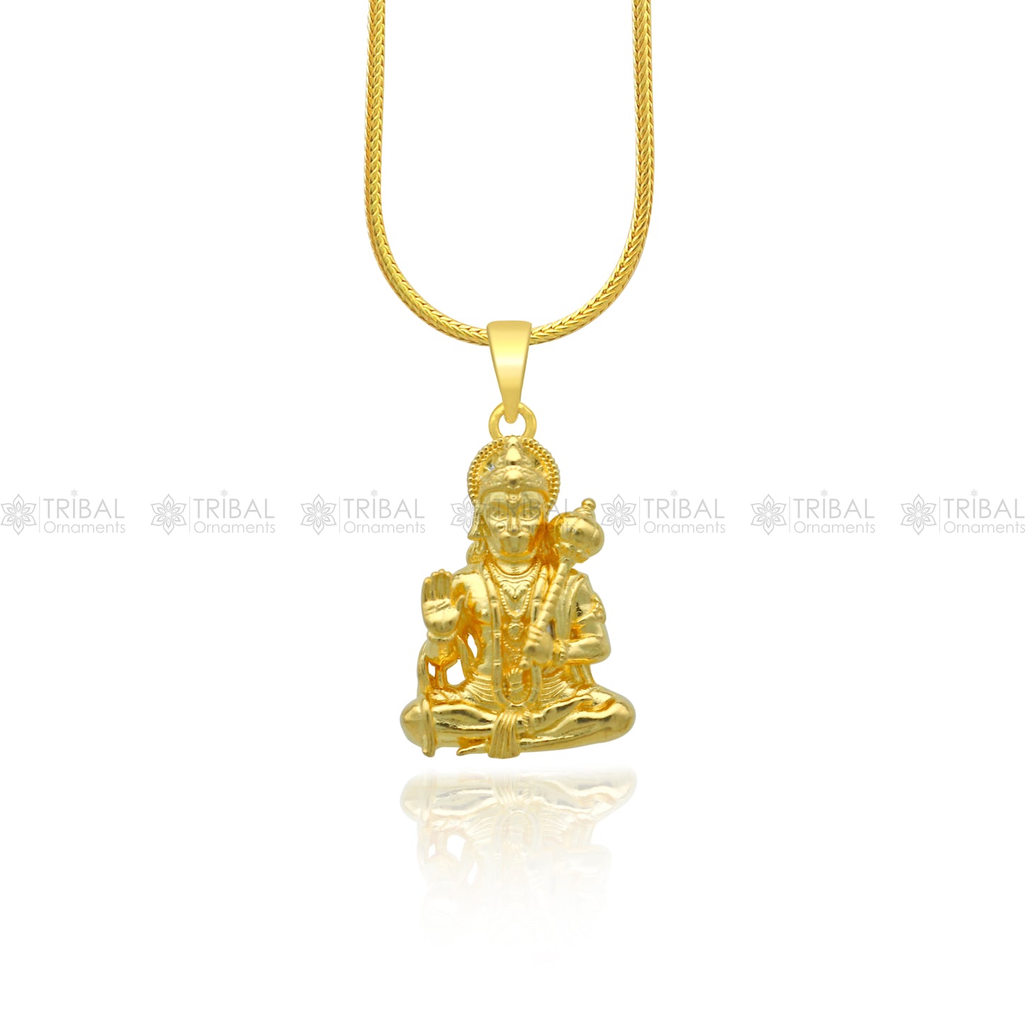 925 sterling silver gold polished Lord Hanuman Ji pendant from TRIBAL ORNAMENTS with intricate divine design.