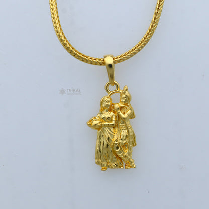 Sterling silver Lord Krishna and Radha pendant with gold polish, divine design, crafted by TRIBAL ORNAMENTS.