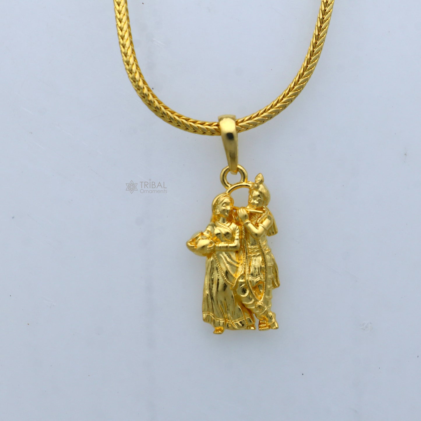 925 silver and gold polished Lord Krishna and Radha pendant, detailed divine jewelry by TRIBAL ORNAMENTS.