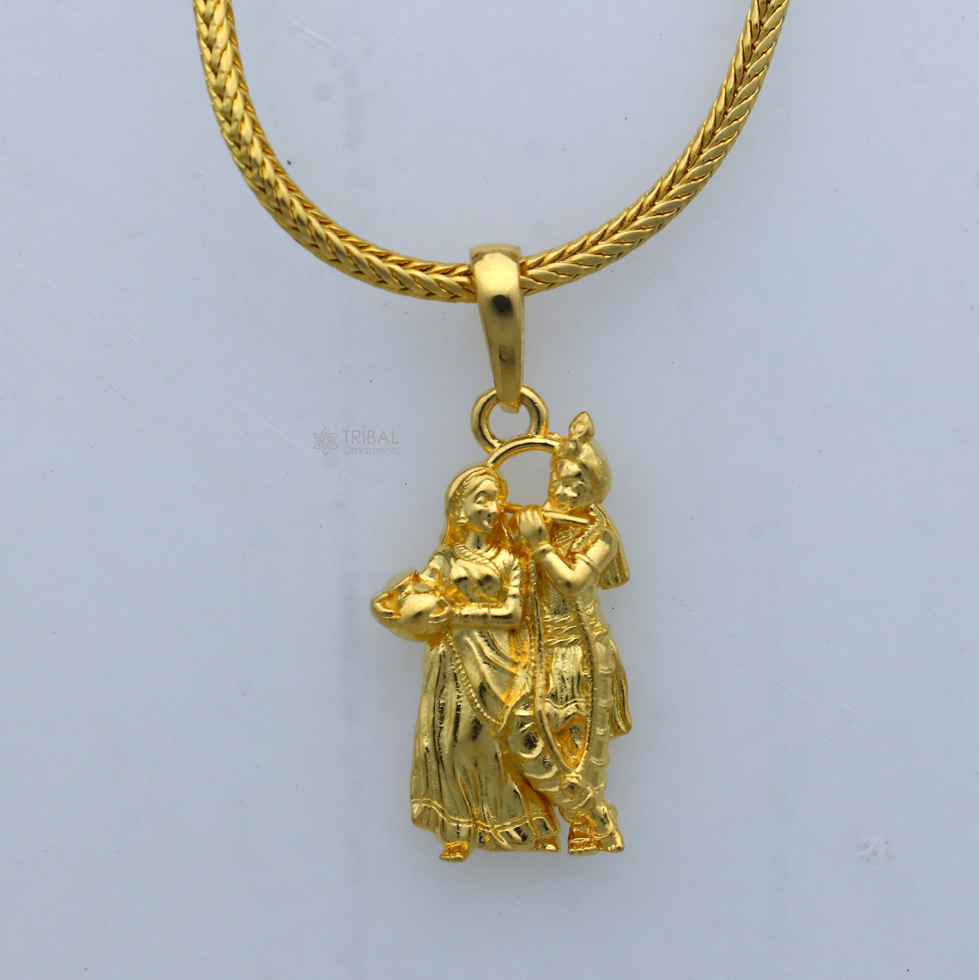 925 sterling silver gold polished Lord Krishna and Radha divine pendant, tribal ornament design with intricate details.