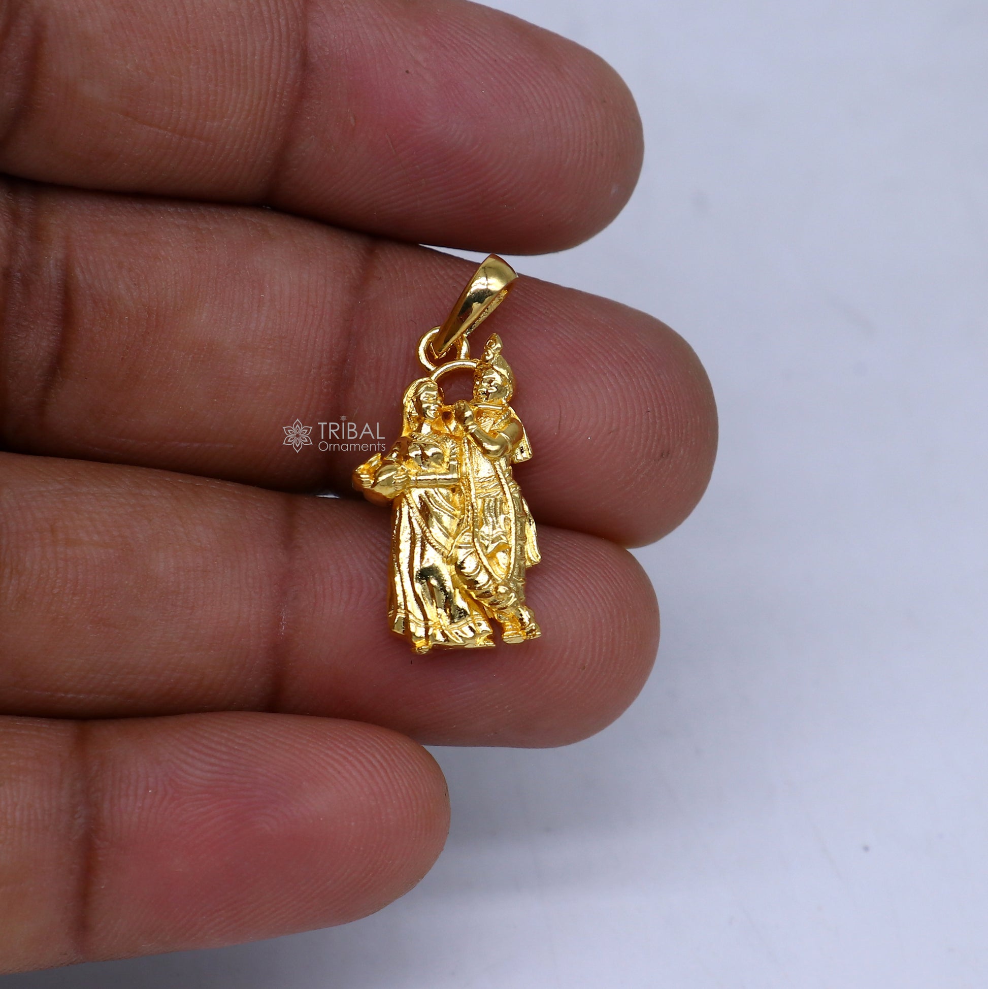 925 sterling silver gold-polished Lord Krishna and Radha divine pendant, tribal-style jewelry with intricate design and religious symbolism