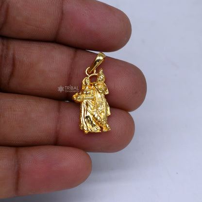 925 sterling silver gold-polished Lord Krishna and Radha divine pendant, tribal-style jewelry with intricate design and religious symbolism