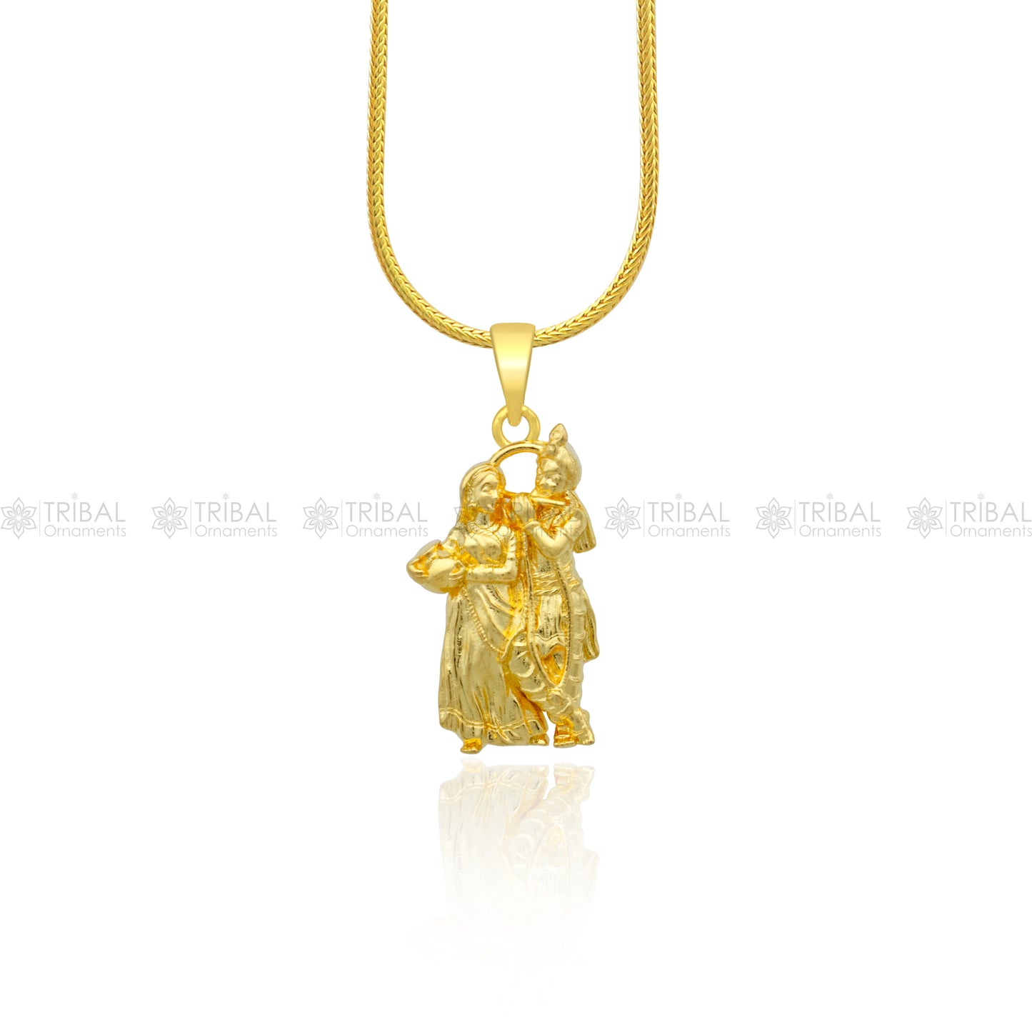 925 sterling silver gold polished Lord Krishna and Radha divine pendant, intricate tribal ornament design for spiritual jewelry.