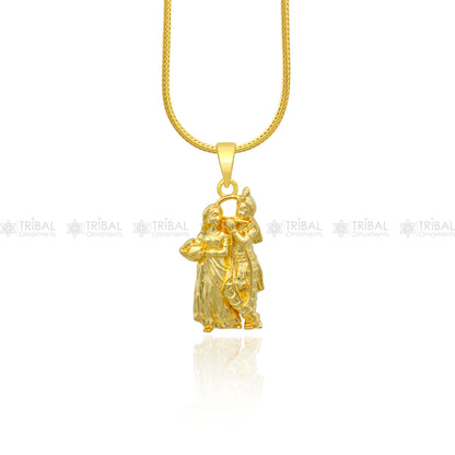 925 sterling silver gold polished Lord Krishna and Radha divine pendant, intricate tribal ornament design for spiritual jewelry.