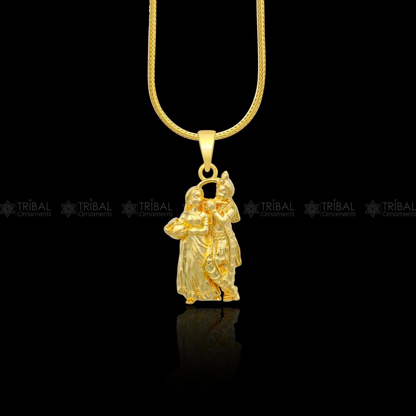 925 sterling silver gold-polished Lord Krishna and Radha divine pendant, intricate tribal ornament design for spiritual jewelry.