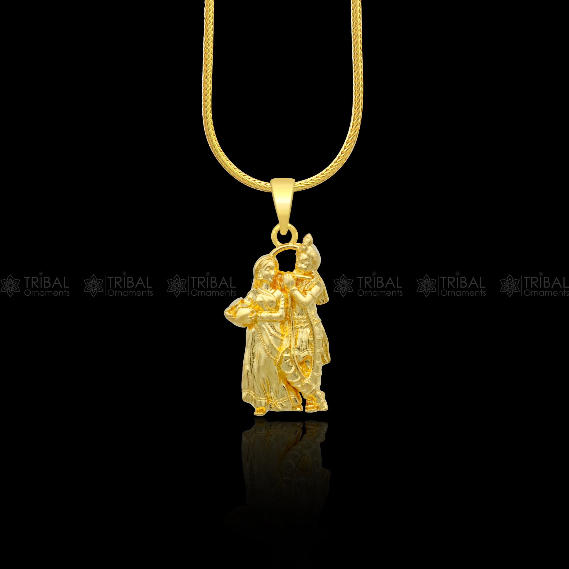 925 sterling silver gold-polished Lord Krishna and Radha divine pendant, intricate tribal ornament design for spiritual jewelry.