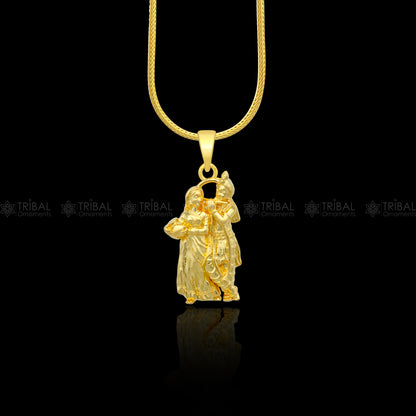 925 sterling silver gold-polished Lord Krishna and Radha divine pendant, intricate tribal ornament design for spiritual jewelry.