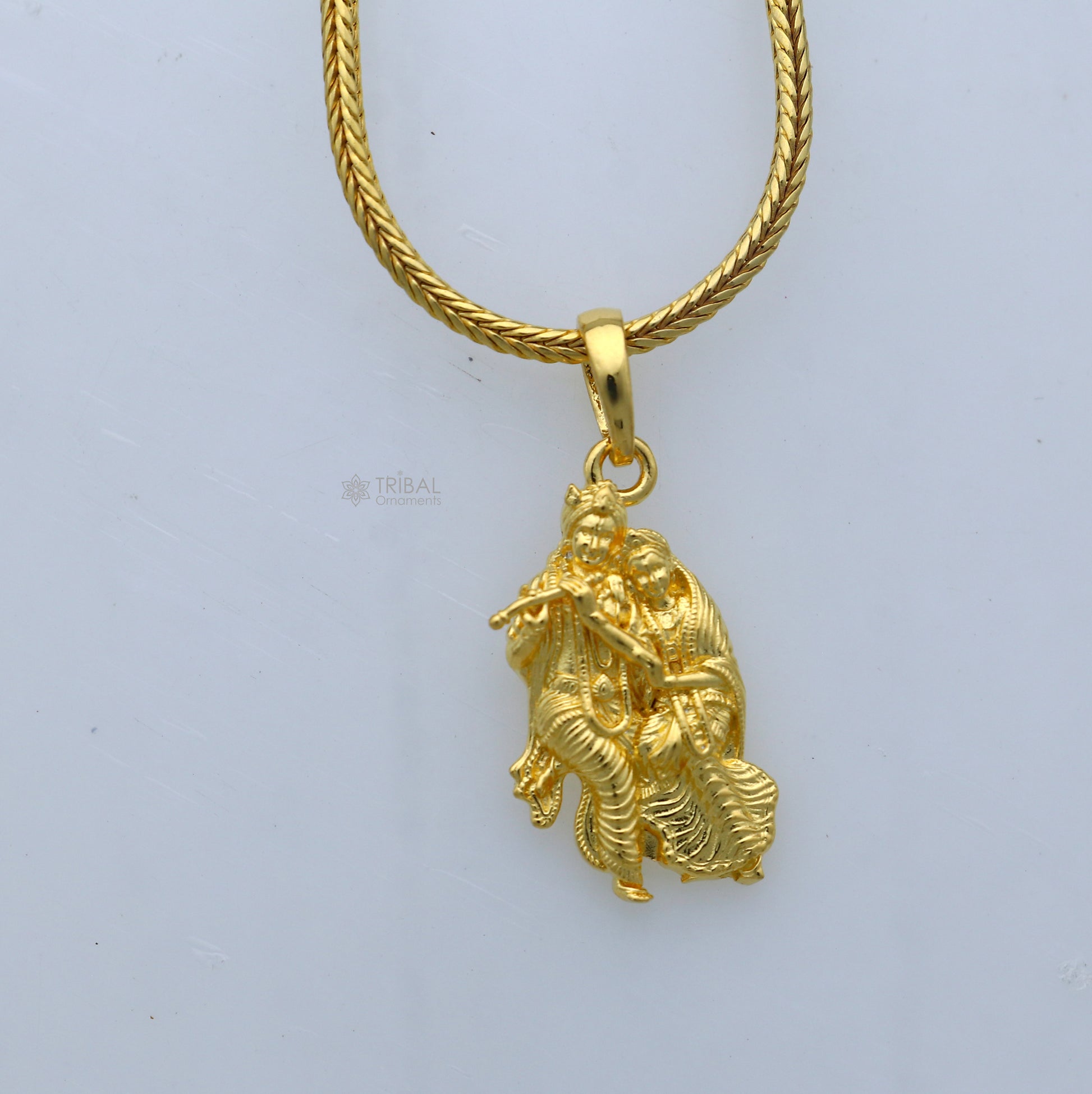 925 sterling silver gold polished Lord Krishna and Radha pendant, divine jewelry featuring intricate design and craftsmanship.