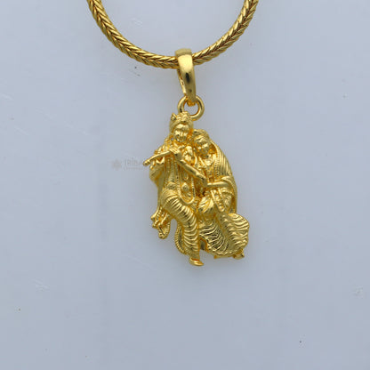 925 sterling silver gold-polished Lord Krishna and Radha divine pendant, intricate tribal ornament design, traditional jewelry piece
