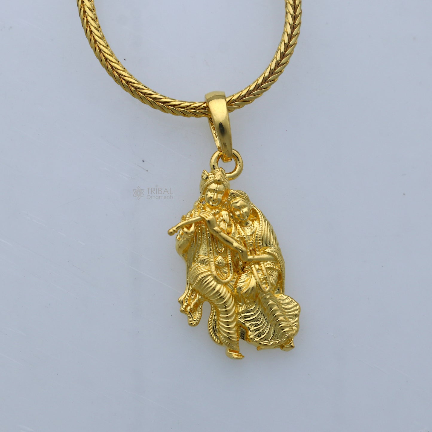 925 sterling silver gold-polished Lord Krishna and Radha divine pendant featuring intricate craftsmanship, suitable for traditional jewelry.