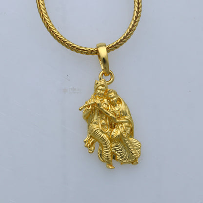 925 sterling silver gold-polished Lord Krishna and Radha divine pendant featuring intricate craftsmanship, suitable for traditional jewelry.