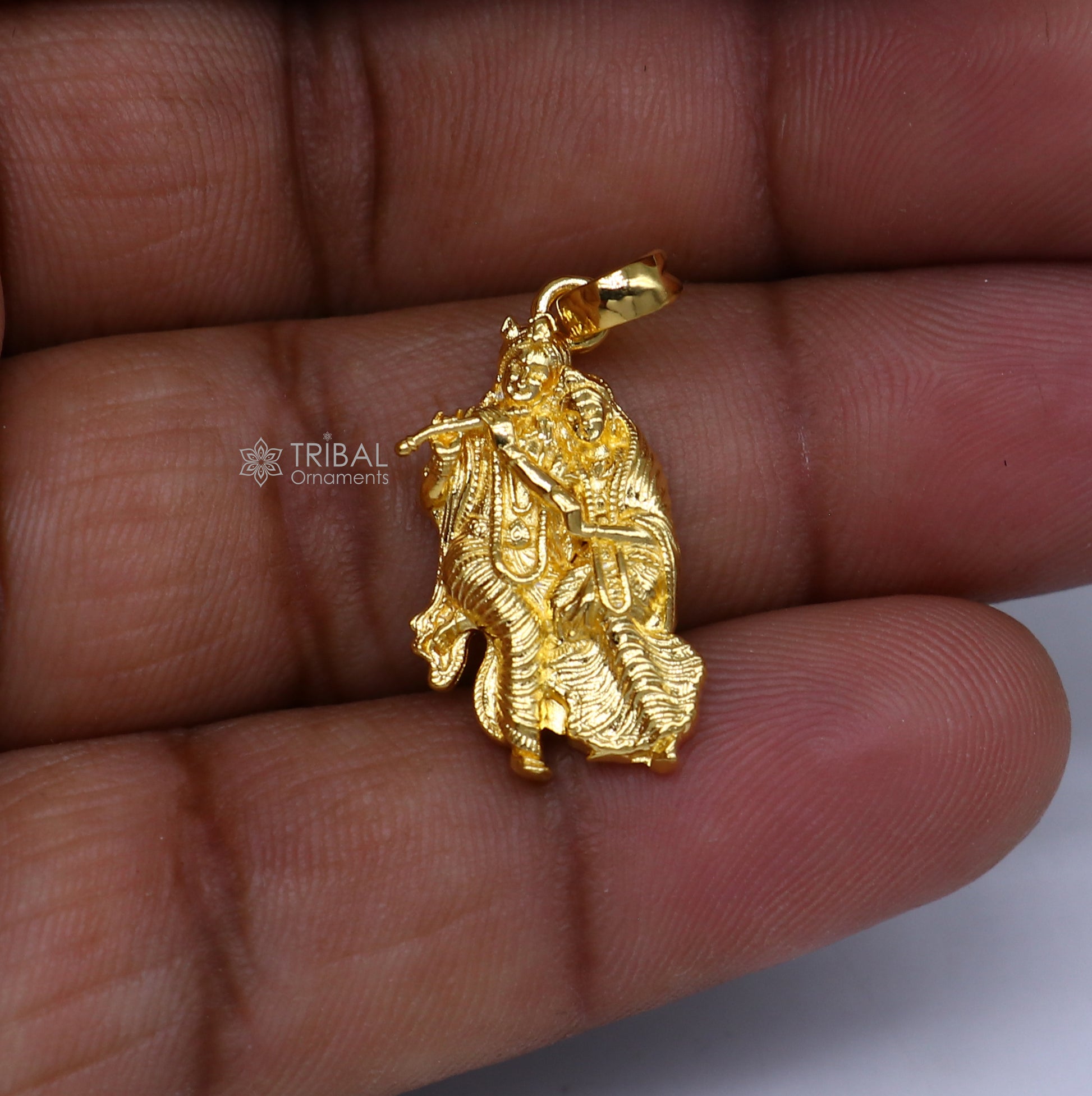 925 sterling silver gold-polished Lord Krishna and Radha divine pendant, intricate religious jewelry design, tribal ornaments.
