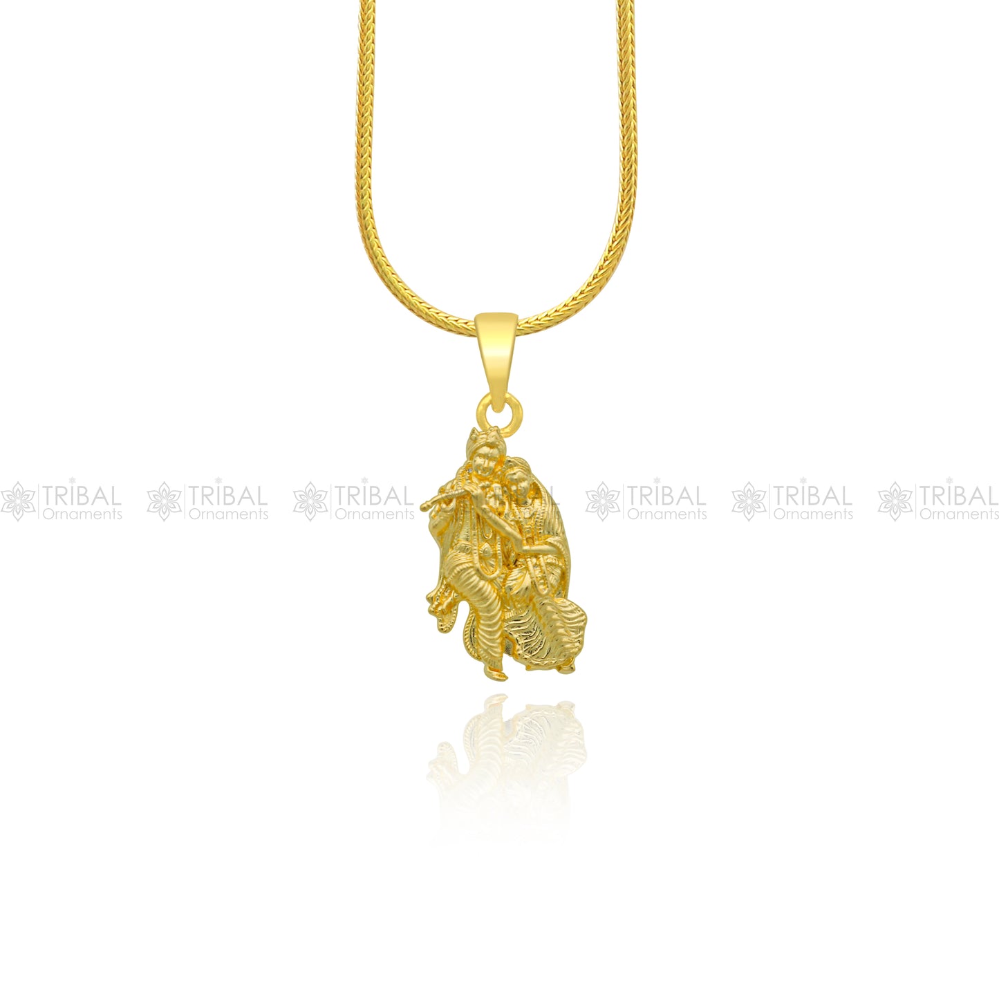 925 sterling silver gold-polished Lord Krishna and Radha pendant featuring divine motifs, crafted by TRIBAL ORNAMENTS.