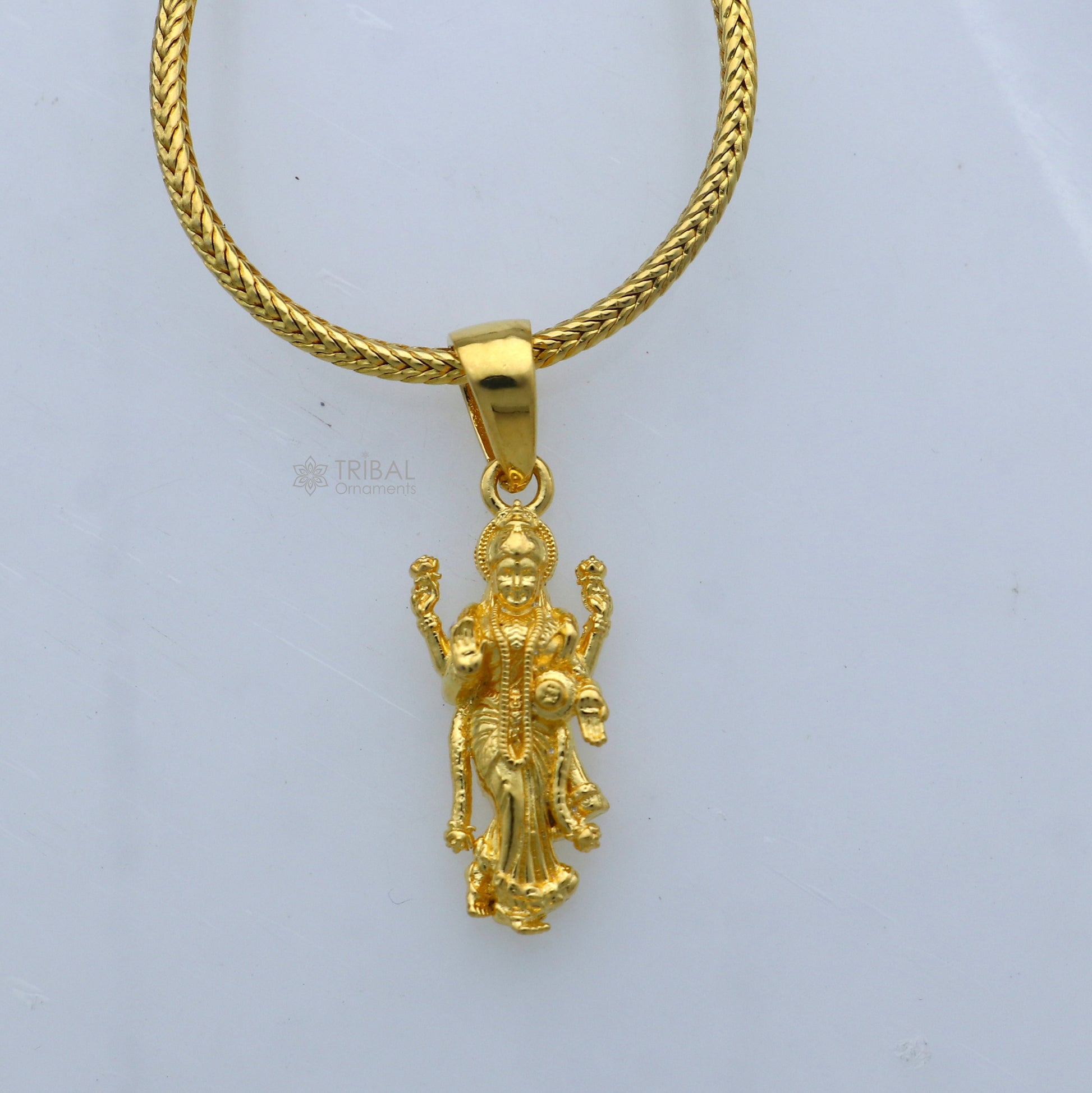 925 sterling silver gold-polished Lord Maha Lakshmi divine pendant from TRIBAL ORNAMENTS, featuring intricate Lakshmi goddess design.