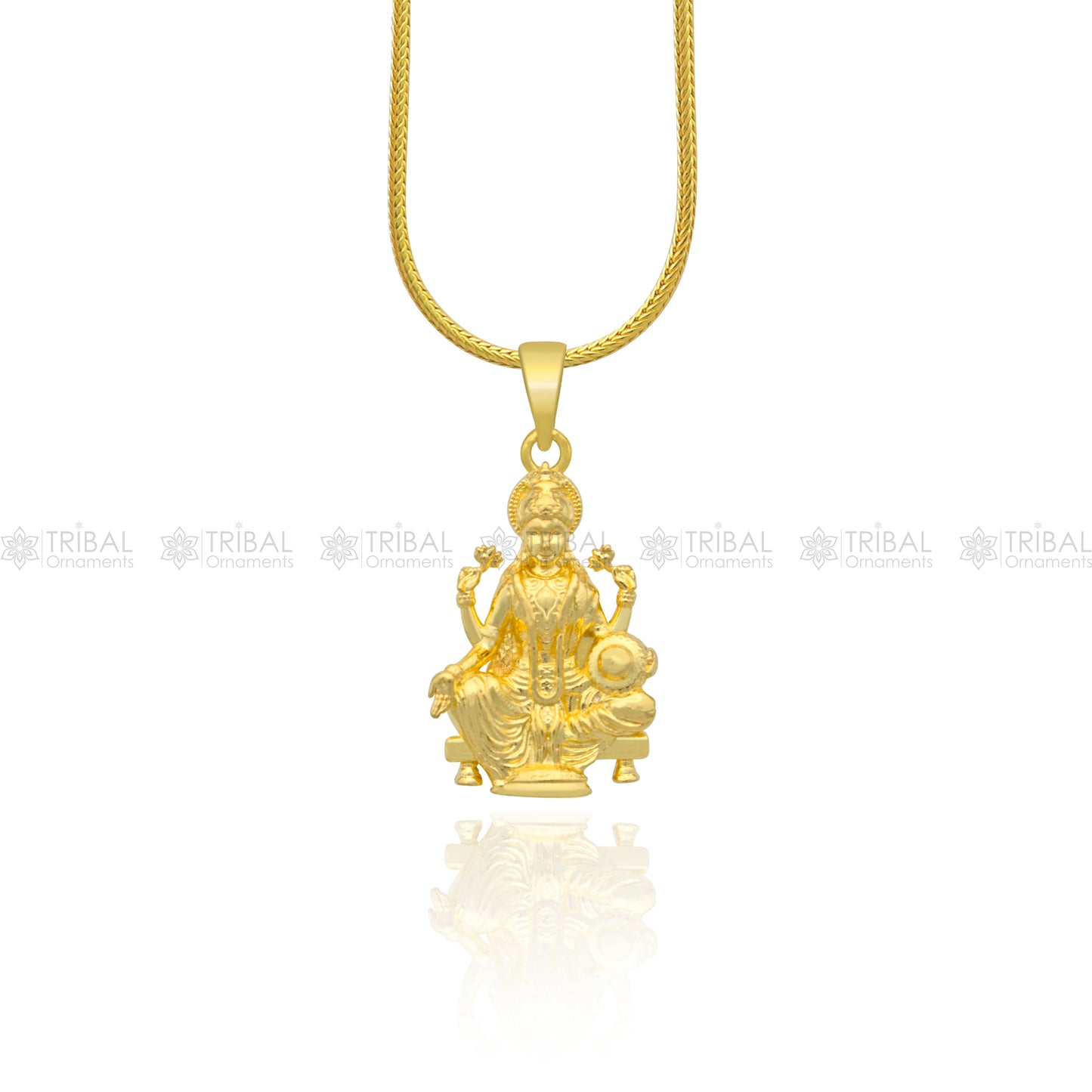 925 sterling silver gold-polished Lord Maha Laxmi ji pendant from TRIBAL ORNAMENTS, featuring intricate divine design and craftsmanship.