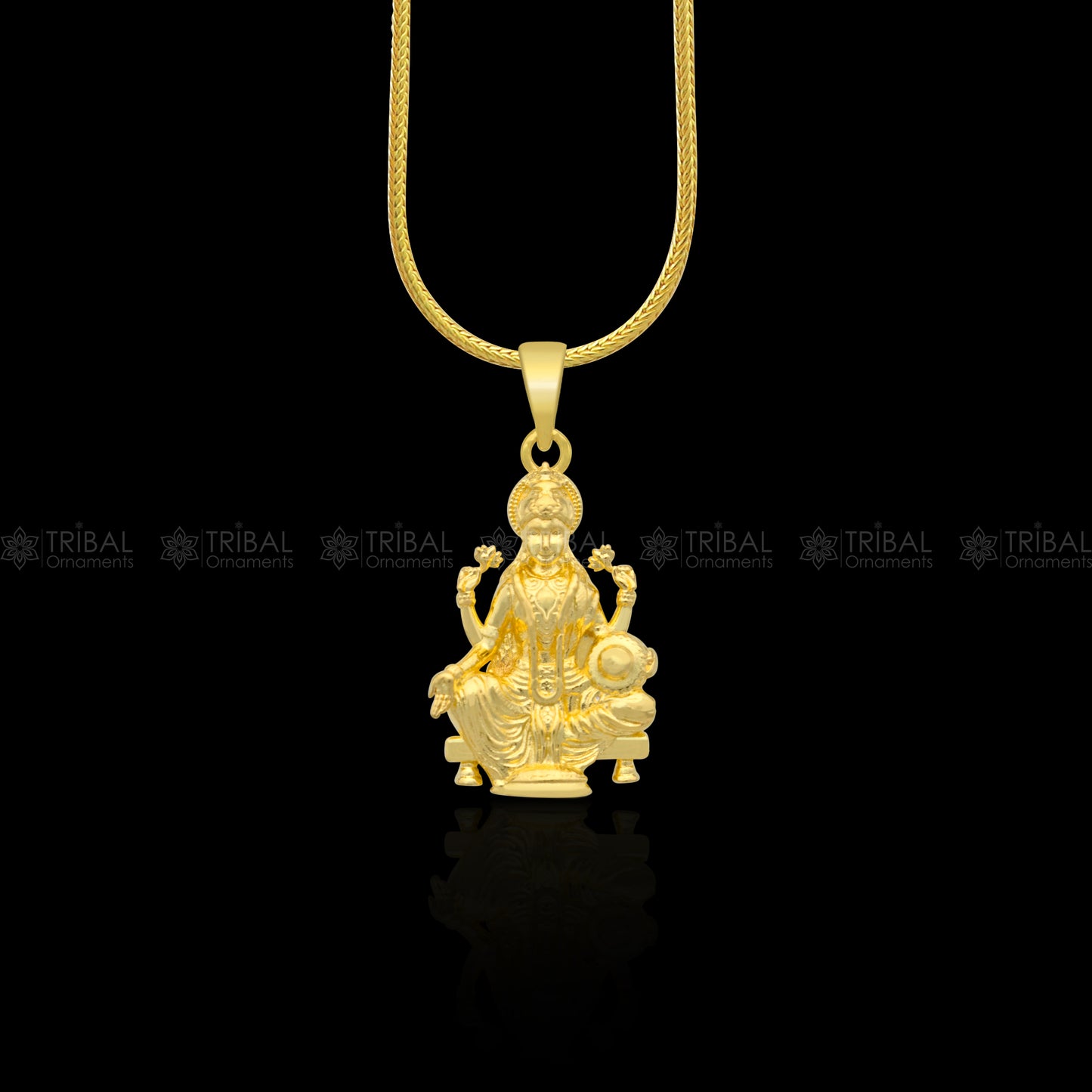 925 sterling silver gold polished Lord Maha Laxmi ji pendant, divine design, intricate details, jewelry accessory.